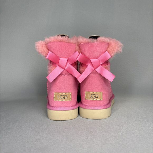Womens UGG Boots Size 8 Bailey Bow Mini Pink Rose Suede Wool UGG Australia Shoes - Picture 1 of 16